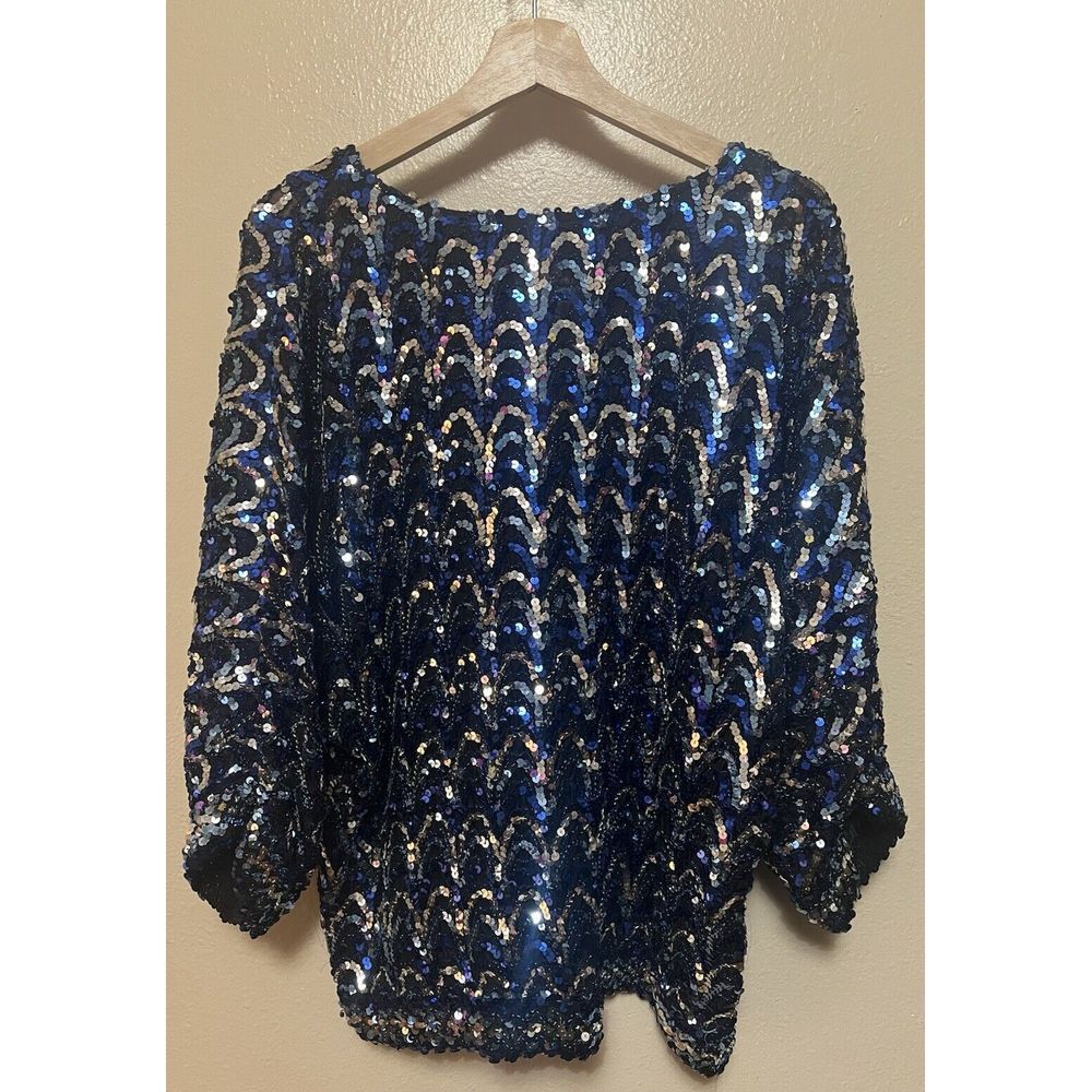 Vtg Flagg Petites Womens Blue Black Silver Zig-Zag  Sequin Sparkle Sheer Blouse‎